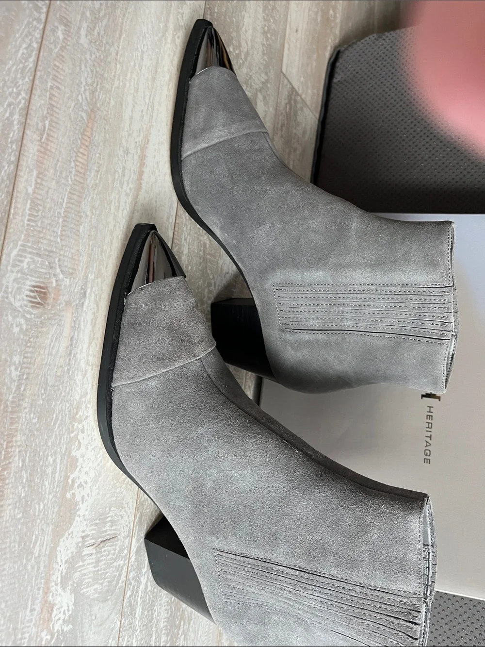 Halston Heritage Gray Suede Pointed Toe Ankle Booties with Silver Metal Cap 7M